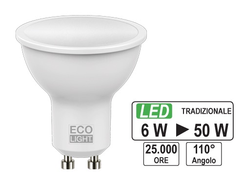 LAMPADINE ECOLIGHT LED GU10 SPOT 6W3000K (cartone 10 PZ)
