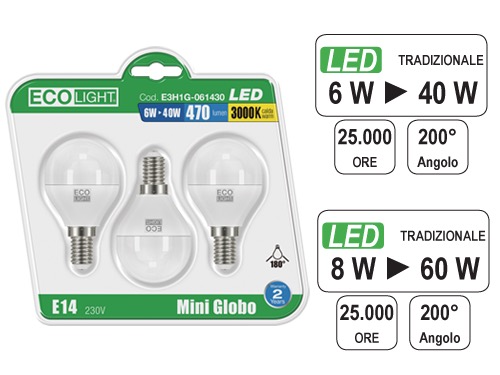 LAMPADINE ECOLIGHT LED E14M/GL6W C.CF3PZ