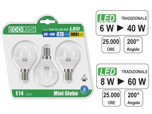 LAMPADINE ECOLIGHT LED E14M/GL6W C.CF3PZ