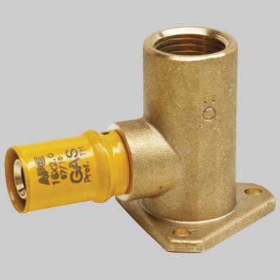 RACCORDO A PRESSARE CURVO FEMMINA CON FLANGIA PER GAS 20 x 1/2