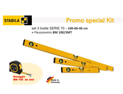 KIT PROMO LIVELLE E FLESSOMETRO STABILA 4 Pezzi (Serie 70 40, 60, 100 cm e BM100 3mt)