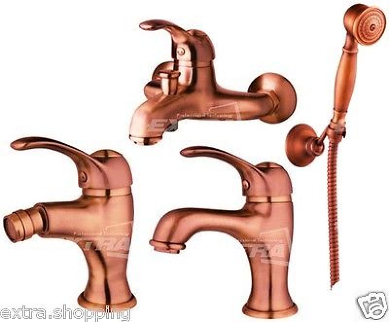 TRIS TRIO SERIE MISCELATORI RUBINETTI LAVABO BIDET VASCA RAME RAMATI  RAMATO